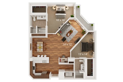 Floor plan for 2 beds, 2 baths, 1545 sqft
